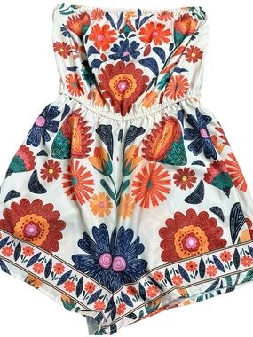 Women's Boho Cream Colorful Floral Strapless Romper Size Medium Cute Lightweight